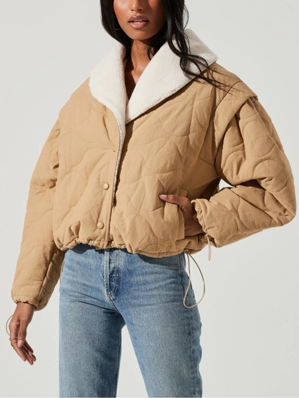 ASTR The Label Nadine Quilted Faux Shearling Jacket Tan Size Medium